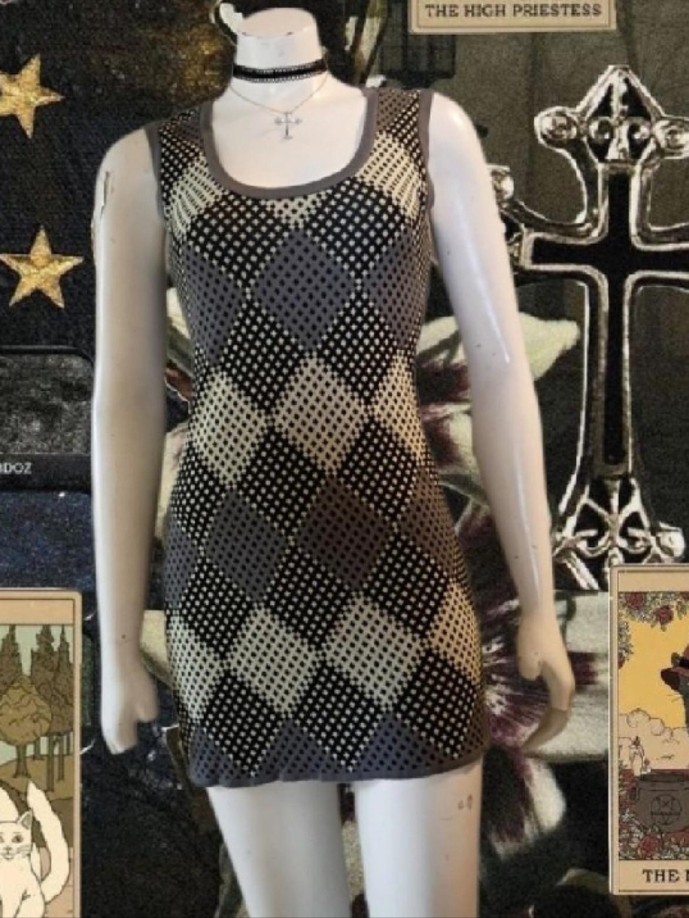 Y2K Say What? Cream, Grey & Black Argyle Pattern Sleeveless Sweater Mini Dress S